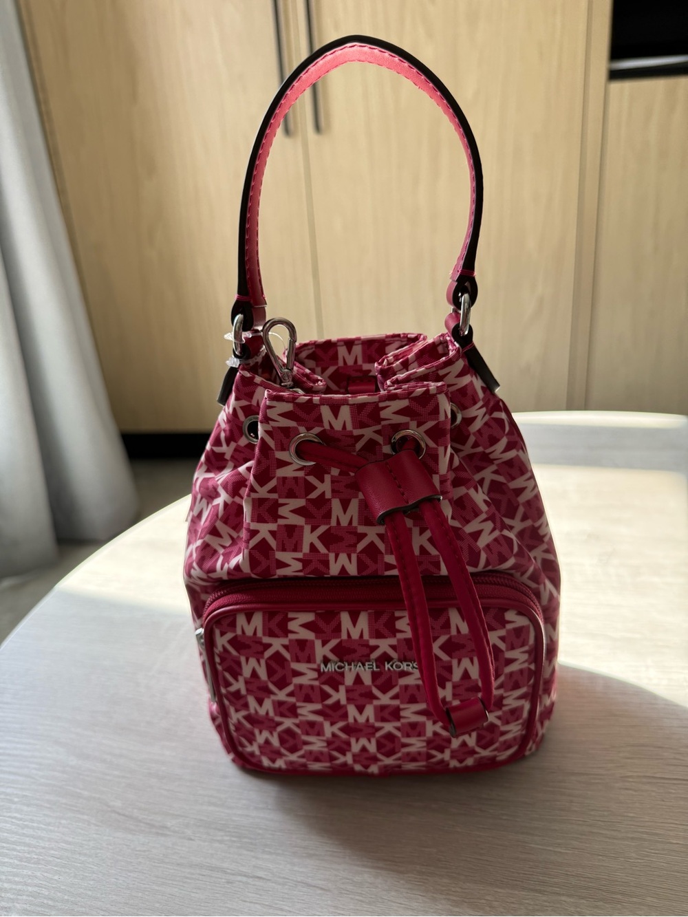 Michael Kors Pink MK Logo Drawstring Mini Bucket Bag